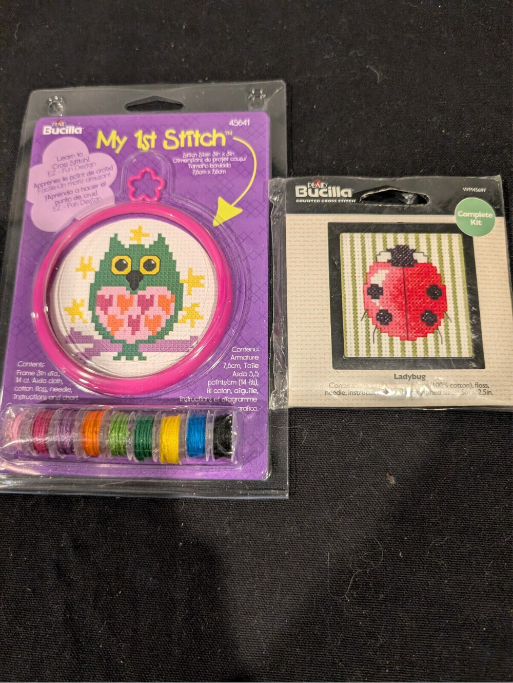 2 Bucilla Mini Counted Cross Stitch Kits My 1st Stitch Owl 45641 Ladybug WM45697